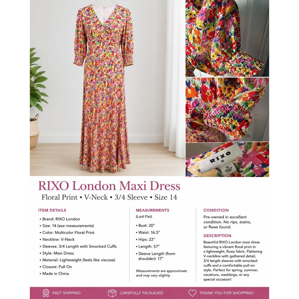RIXO Womens 14 Floral Bias Cut Maxi Dress Multicolor V Neck Puff Sleeve